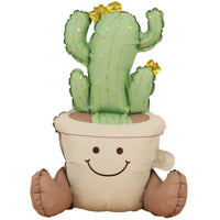 Balon din Folie Metalizata, Figurina Animata, Model Ghivechi Cactus, 57.5 x 56 cm, Ambalaj Individual, Pai Inclus, Umflare cu Aer sau Heliu, Verde