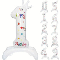 Balon din Folie Metalizata, Figurina Cifra, Model 1 cu Happy Birthday Scris, Tema Aniversare 81 cm, Ambalaj Individual, Pai Inclus, Umflare cu Aer sau Heliu, Alb