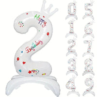 Balon din Folie Metalizata, Figurina Cifra, Model 2 cu Happy Birthday Scris, Tema Aniversare 81 cm, Ambalaj Individual, Pai Inclus, Umflare cu Aer sau Heliu, Alb