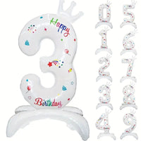 Balon din Folie Metalizata, Figurina Cifra, Model 3 cu Happy Birthday Scris, Tema Aniversare 81 cm, Ambalaj Individual, Pai Inclus, Umflare cu Aer sau Heliu, Alb
