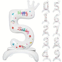 Balon din Folie Metalizata, Figurina Cifra, Model 5 cu Happy Birthday Scris, Tema Aniversare 81 cm, Ambalaj Individual, Pai Inclus, Umflare cu Aer sau Heliu, Alb