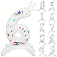 Balon din Folie Metalizata, Figurina Cifra, Model 6 cu Happy Birthday Scris, Tema Aniversare 81 cm, Ambalaj Individual, Pai Inclus, Umflare cu Aer sau Heliu, Alb