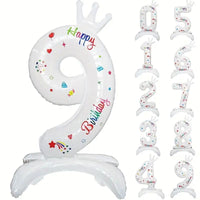 Balon din Folie Metalizata, Figurina Cifra, Model 9 cu Happy Birthday Scris, Tema Aniversare 81 cm, Ambalaj Individual, Pai Inclus, Umflare cu Aer sau Heliu, Alb