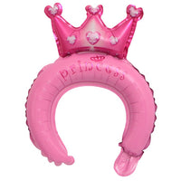 Balon din Folie Metalizata, Tip Coronita cu Urechi, Model Coronita de Printesa, Ambalaj Individual, Pai Inclus, Umflare cu Aer sau Heliu, 30 x 27 cm, Roz