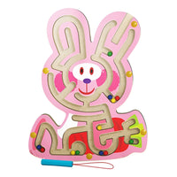 Joc Montessori cu Bile, Creion Magnetic, Tip Labirint, din Lemn, Model Iepuras, 19.5x15.5 cm, Roz