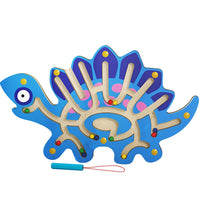 Joc Montessori cu Bile, Creion Magnetic, Tip Labirint, din Lemn, Model Stegozaur, 25x15.5 cm, Albastru