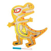 Joc Montessori cu Bile, Creion Magnetic, Tip Labirint, din Lemn, Model Tiranozaur, 21x18 cm, Portocaliu