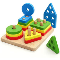 Jucarie Educativa, Tip Montessori, din Lemn, + 36 Luni, Forme Geometrice, 16 Piese, 12 x 12 cm, Multicolor
