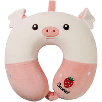 Perna de Calatorie in Forma de U, Pentru Gat si Cap, Umplutura din Spuma cu Memorie, 30x30 cm, Model Purcelus, Accesoriu de Voiaj, Birou, Masina, Sistem Prindere Capse, Alb-Roz