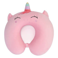 Perna de Calatorie in Forma de U, Pentru Gat si Cap, Umplutura din Spuma cu Memorie, 30x30 cm, Model Unicorn, Accesoriu de Voiaj, Birou, Masina, Sistem Prindere Capse, Roz