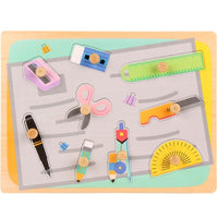 Puzzle Montessori din Lemn pentru Copii, 0-3 Ani, 3D, Model Instrumente Matematice, Educativ, Intuitiv, Creativ, 9 Piese, 30x22.5x0.8 cm, Multicolor