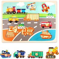 Puzzle Montessori din Lemn pentru Copii, 0-3 Ani, 3D, Model Transporturi, Educativ, Intuitiv, Creativ, 9 Piese, 30x22.5x0.8 cm, Multicolor