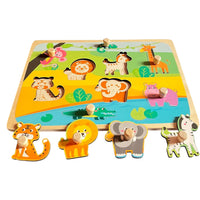 Puzzle Montessori din Lemn pentru Copii, 0-3 Ani, Model Animale din Jungla, Educativ, Intuitiv, Creativ, 9 Piese, 30x22.5x0.8 cm, Multicolor