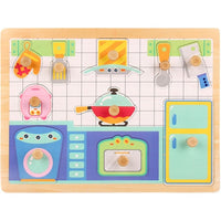 Puzzle Montessori din Lemn pentru Copii, 3D, 0-3 Ani, Model Bucatarie, Educativ, Intuitiv, Creativ, 10 Piese, 30x22.5x0.8 cm, Multicolor
