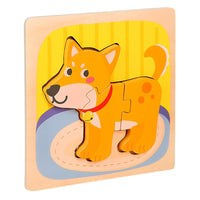 Puzzle Montessori din Lemn pentru Copii, 3D, 0-3 Ani, Model Catel, Educativ, Intuitiv, Creativ, 3 Piese, 15x15x0.5 cm, Multicolor