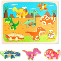 Puzzle Montessori din Lemn pentru Copii, 3D, 0-3 Ani, Model Dinozauri, Educativ, Intuitiv, Creativ, 8 Piese, 30x22.5x0.8 cm, Multicolor