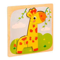 Puzzle Montessori din Lemn pentru Copii, 3D, 0-3 Ani, Model Girafa, Educativ, Intuitiv, Creativ, 4 Piese, 15x15x0.5 cm, Multicolor