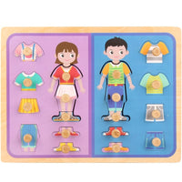 Puzzle Montessori din Lemn pentru Copii, 3D, 0-3 Ani, Model Imbracaminte, Educativ, Intuitiv, Creativ, 18 Piese, Multicolor