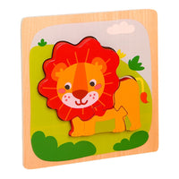 Puzzle Montessori din Lemn pentru Copii, 3D, 0-3 Ani, Model Leu, Educativ, Intuitiv, Creativ, 3 Piese, 15x15x0.5 cm, Multicolor