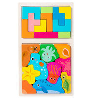 Puzzle Montessori din Lemn pentru Copii, Tip Tetris 2in1 +3 Ani, cu Animale Marine Colorate 3D, Educativ, Intuitiv, Creativ, 21 de Piese, 28.5x17x1.2 cm, Multicolor