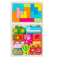 Puzzle Montessori din Lemn pentru Copii, Tip Tetris 2in1, +3 Ani, cu Masini Colorate 3D, Educativ, Intuitiv, Creativ, 21 de Piese, 28.5x17x1.2 cm, Multicolor