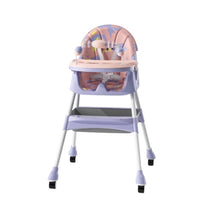 Scaun de Masa 2in1, pentru Copii de la 6 luni - 5 Ani, Inaltime Reglabila, Centura in 5 Puncte, Tava de Masa, Roti cu Frana, Cos Depozitare, Jucarie Inclusa, 94 x 78 x 60 cm, Roz/Mov