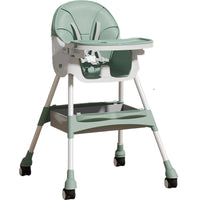 Scaun de masa pentru bebelusi si copii, cu roti, telescopic, pliabil, masuta reglabila, suport picioare, scaun invelis piele artificiala, centura siguranta, spatiu depozitare, 97 x 73 x 65 cm, verde