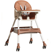 Scaun de masa pentru bebelusi si copii, cu roti, telescopic, pliabil, masuta reglabila, suport picioare, scaun invelis piele artificiala, centura siguranta, spatiu depozitare, 97 x 73 x 65 cm, maro