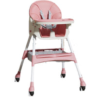Scaun de masa pentru bebelusi si copii, cu roti, telescopic, pliabil, masuta reglabila, suport picioare, scaun invelis piele artificiala, centura siguranta, spatiu depozitare, 97 x 73 x 65 cm, roz