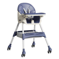 Scaun de Masa pentru Bebelusi si Copii, cu Roti, Telescopic, Pliabil, Masuta Reglabila, Suport Picioare, Scaun cu Invelis Piele Artificiala, Centura Siguranta, Spatiu Depozitare, 97x73x65 cm, Albastru