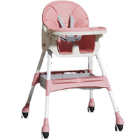 Scaun de Masa pentru Bebelusi si Copii, cu Roti, Telescopic, Pliabil, Masuta Reglabila, Suport Picioare, Scaun cu Invelis Piele Artificiala, Centura Siguranta, Spatiu Depozitare, 97x73x65 cm, Roz