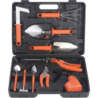 Set 10 Unelte de Gradina, pentru Plantare Prelucrare Sol si Ingrijire Plante, Manere Portocalii, Material PVC si Otel Inoxidabil, Cutie Inclusa, 37x28x7 cm, Negru