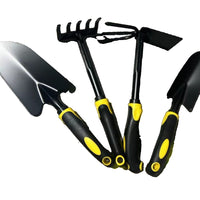Set 4 Unelte de Gradina, pentru Plantare, Prelucrare Sol si Ingrijire Plante, Material PVC Carbon, Grebla, Sapaliga cu Cap Dublu, Lopata Mica, Lopata Lata, 43 x 11 cm, Negru/Galben