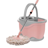 Set Galeata si Mop Rotativ 360°, Cu Dubla Actiune Centrifuga, Pentru Uz Casnic, Maner din Otel Inoxidabil Telescopic, 2 Capte din Bumbac, 46x27x29 cm, Roz