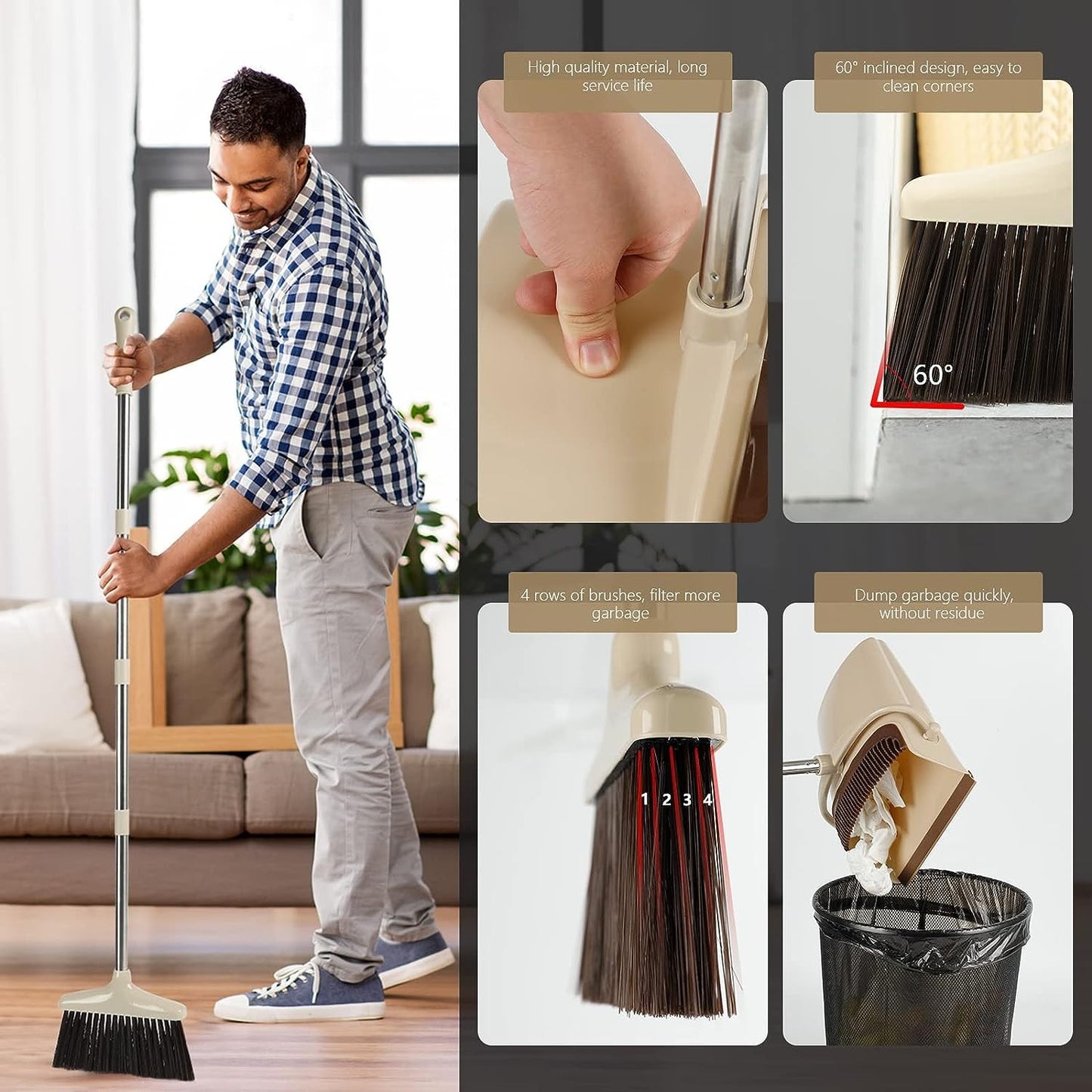Set matura si faras cu coada, Pentru uz casnic, Plastic/Otel, Maro/Bej, Depozitare verticala, 26x25.5x83 cm