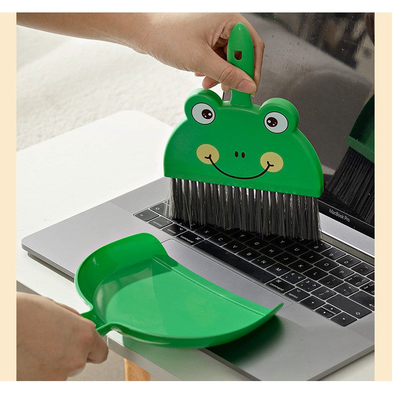 Set Mini Matura si Faras, LITTLE CLEANER, Uz Casnic, pentru Birou, Bucatarie, Casa, Model Broscuta, 23 x 18 cm, Verde