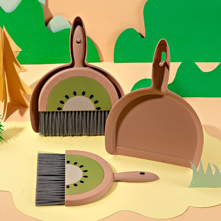 Set Mini Matura si Faras, LITTLE CLEANER, Uz Casnic, pentru Birou, Bucatarie, Casa, Model Kiwi, 23 x 18 cm Maro-Verde