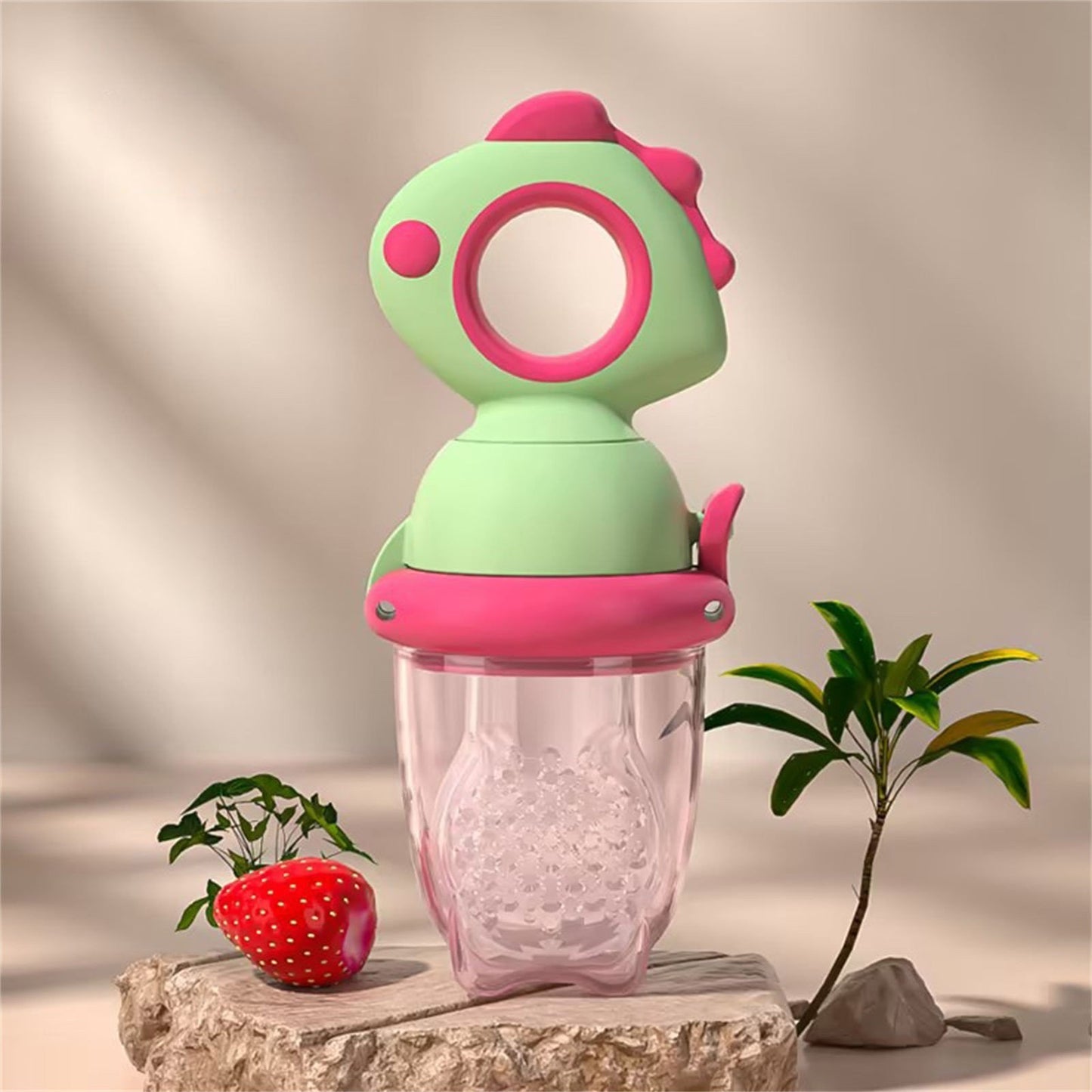 Suzeta pentru Fructe, pentru Bebelusi, din Silicon Alimentar, +4 Luni, 2 mm Grosime Gauri Tetina, 12.4 x 5.1 x 4.7 cm, Verde/Fucsia