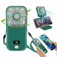 Ventilator Portabil, 3 in 1, de Mana, de Gat, de Birou, 16.7 x 8 x 1.9 cm, 3 Trepte de Viteza, Incarcare USB, Pliabil, Afisaj Digital, Suport Telefon, Verde