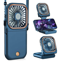 Ventilator Portabil, 3 in 1, de Mana, de Gat, de Birou, 16.7 x 8 x 1.9 cm, 3 Trepte de Viteza, Incarcare USB, Pliabil, Afisaj Digital, Suport Telefon, Albastru